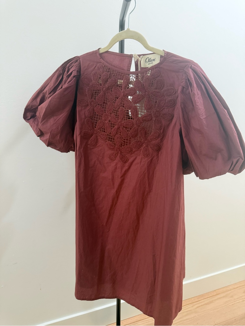 NWT Ollari New York Burgundy Crochet Lace Puff Sleeve Cotton Dress — SZ L